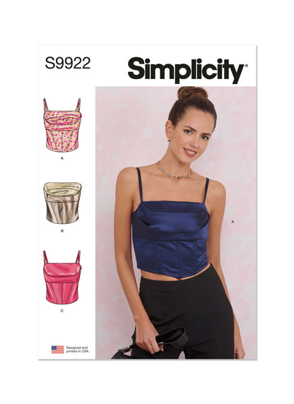 Simplicity sewing pattern S9922 envelope showing misses' square neck boned top designs
