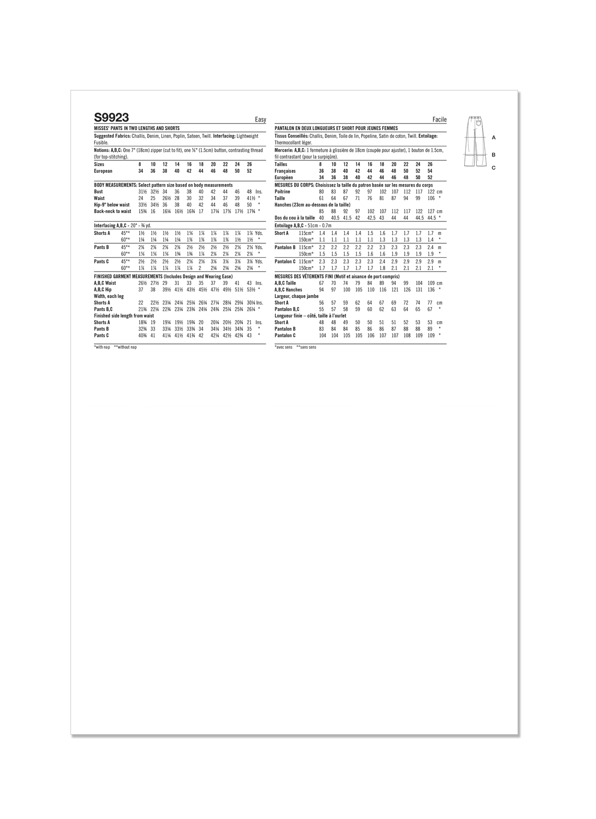Simplicity S9923 sewing pattern envelope showing skirts and trousers
