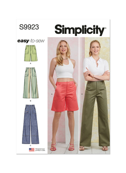 Simplicity S9923 sewing pattern envelope showing skirts and trousers