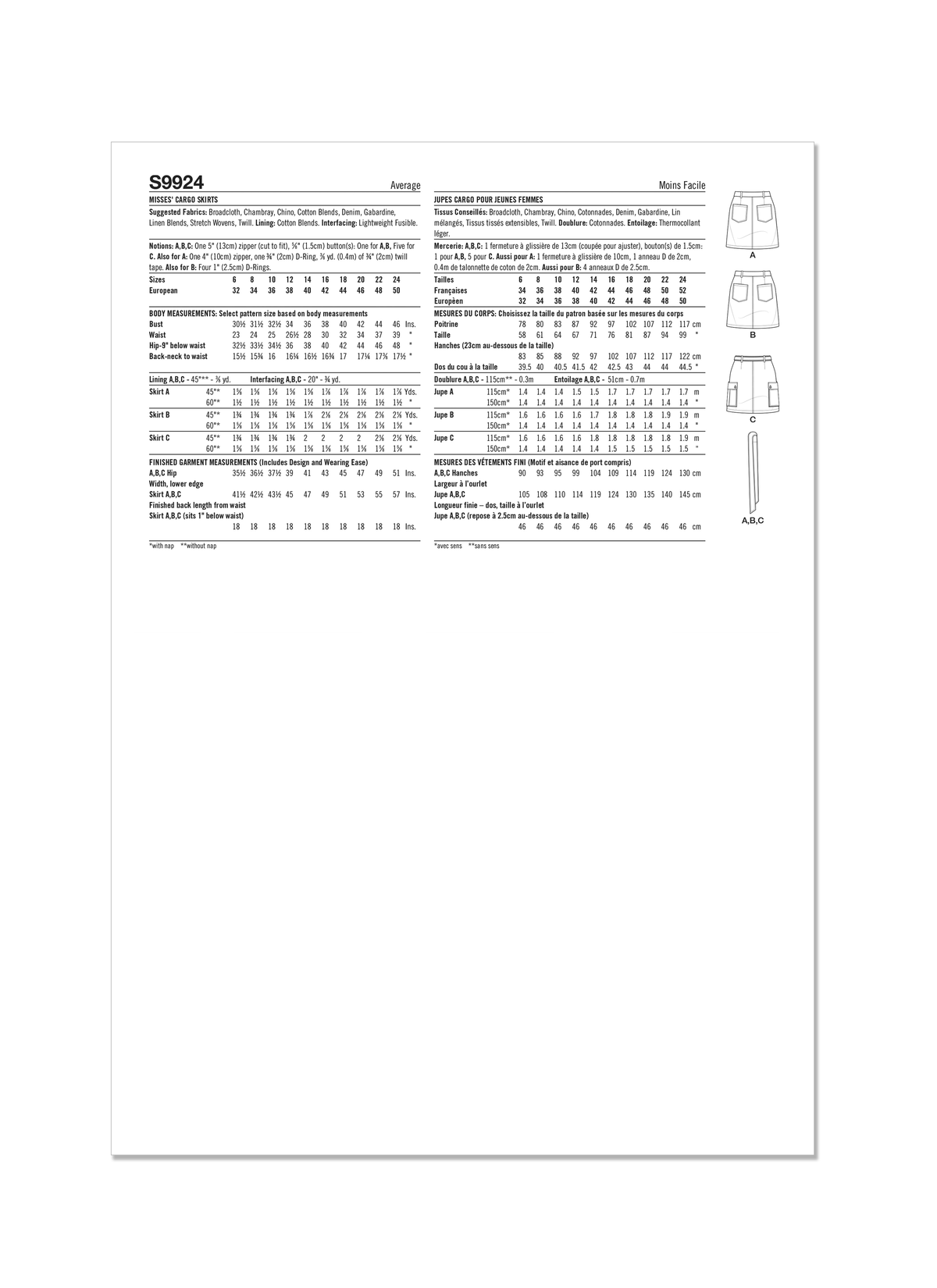 Simplicity S9924 sewing pattern envelope showing skirts and trousers