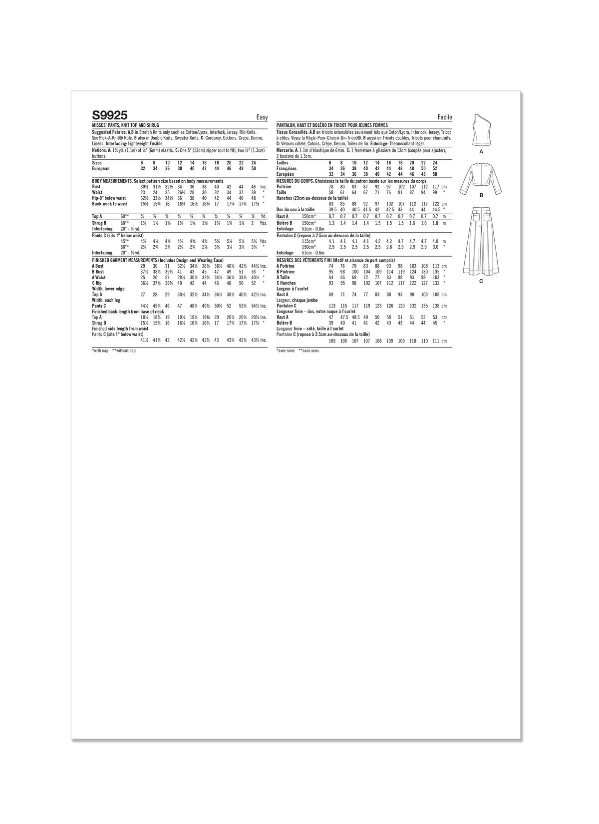 Simplicity S9925 sewing pattern envelope showing trousers, a shrug and a top