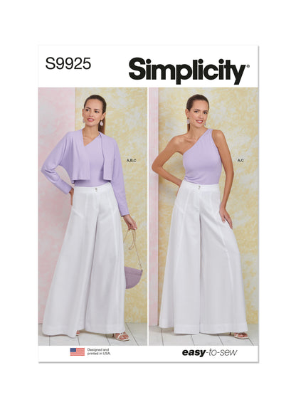 Simplicity S9925 sewing pattern envelope showing trousers, a shrug and a top