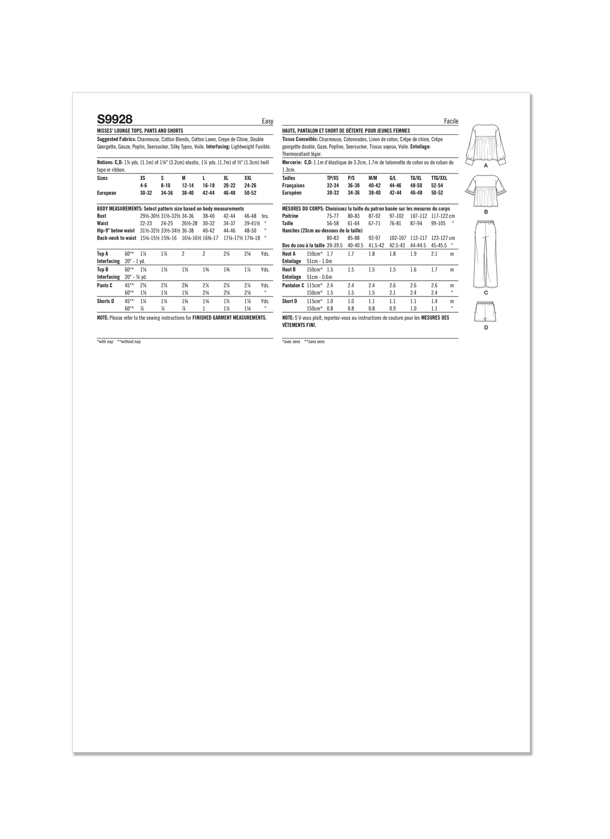 Simplicity S9928 sewing pattern envelope showing a loungewear set