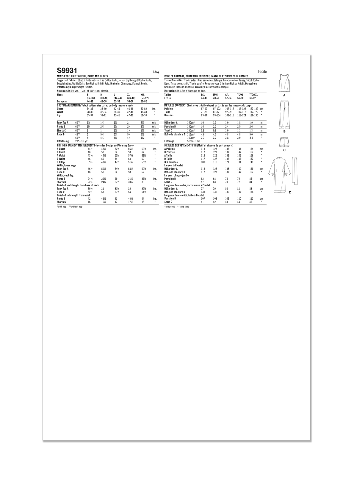 Simplicity S9931 sewing pattern envelope showing a men's lounge set