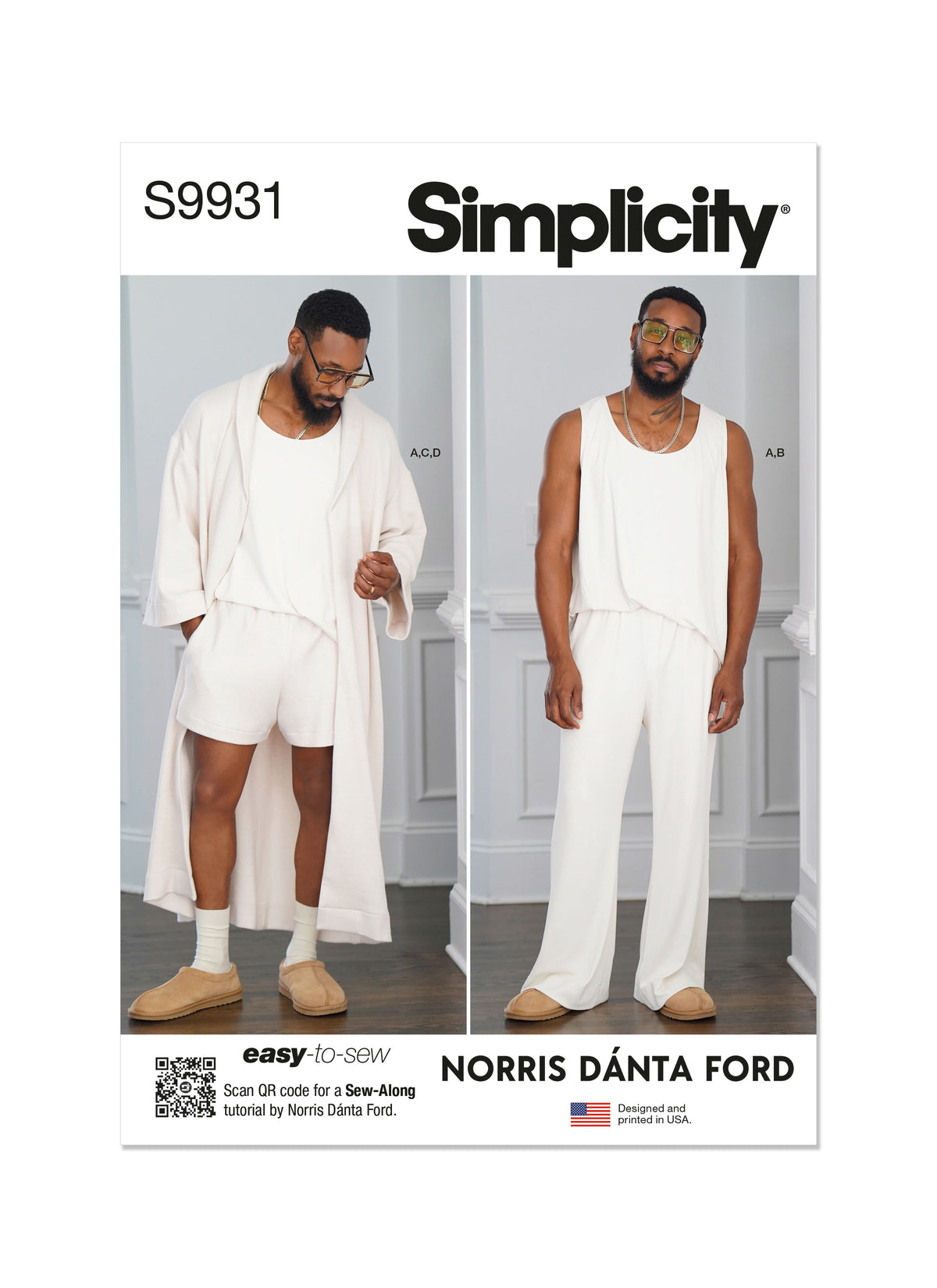 Simplicity S9931 sewing pattern envelope showing a men's lounge set