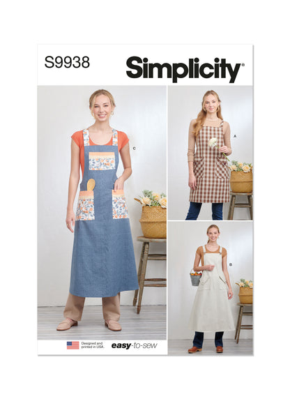 Simplicity S9938 sewing pattern envelope showing aprons