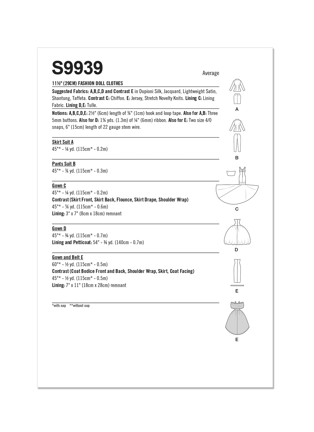 Simplicity S9939 sewing pattern envelope showing doll clothes