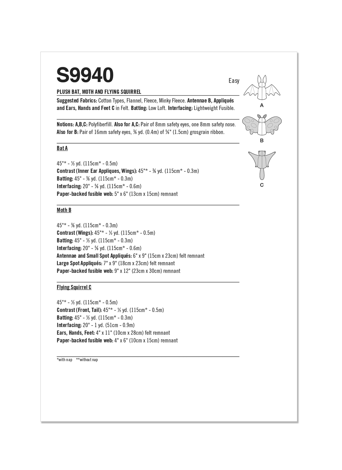 Simplicity S9940 sewing pattern envelope showing stuffed toys