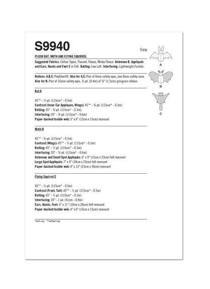 Simplicity S9940 sewing pattern envelope showing stuffed toys