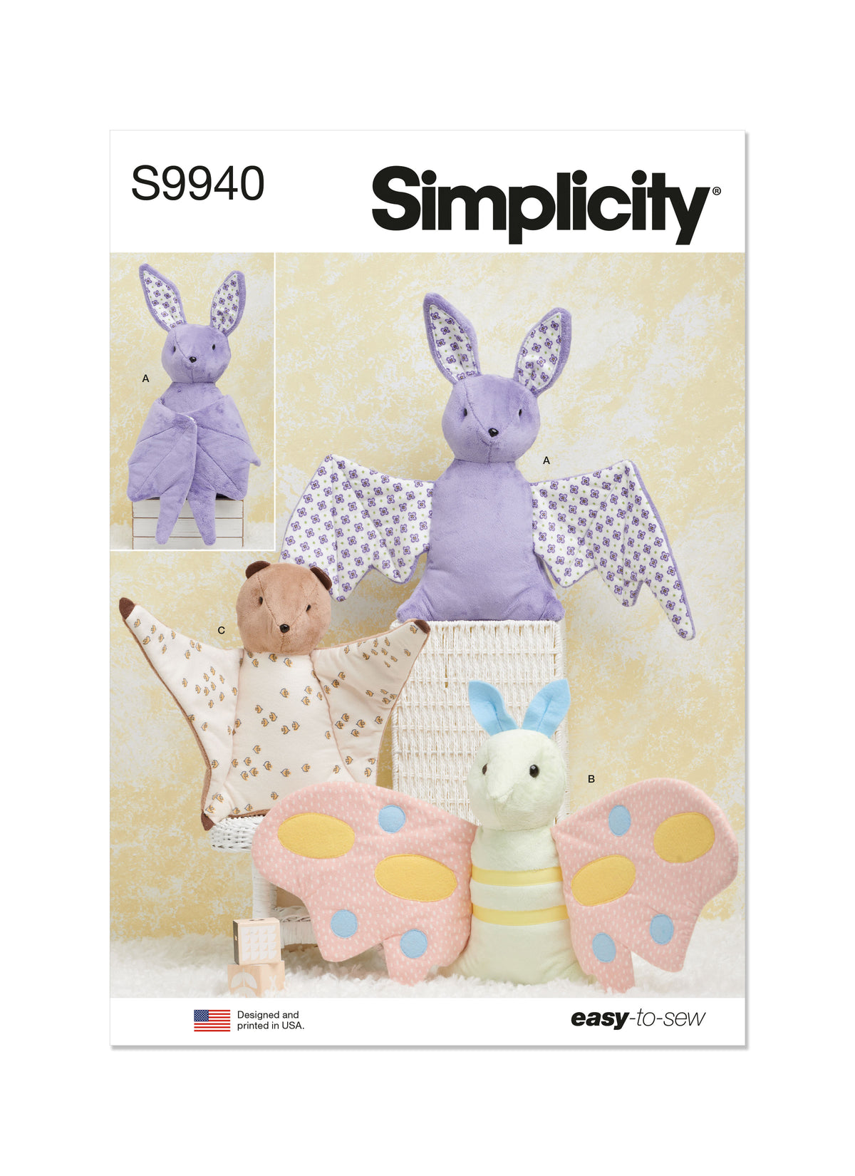 Simplicity S9940 sewing pattern envelope showing stuffed toys