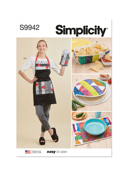 Simplicity S9942 sewing pattern envelope showing an apron and quilted kitchen accessories