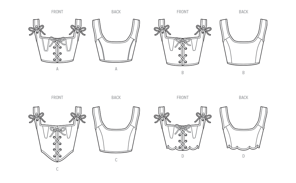 Simplicity S9943 sewing pattern envelope showing lace-up corset tops