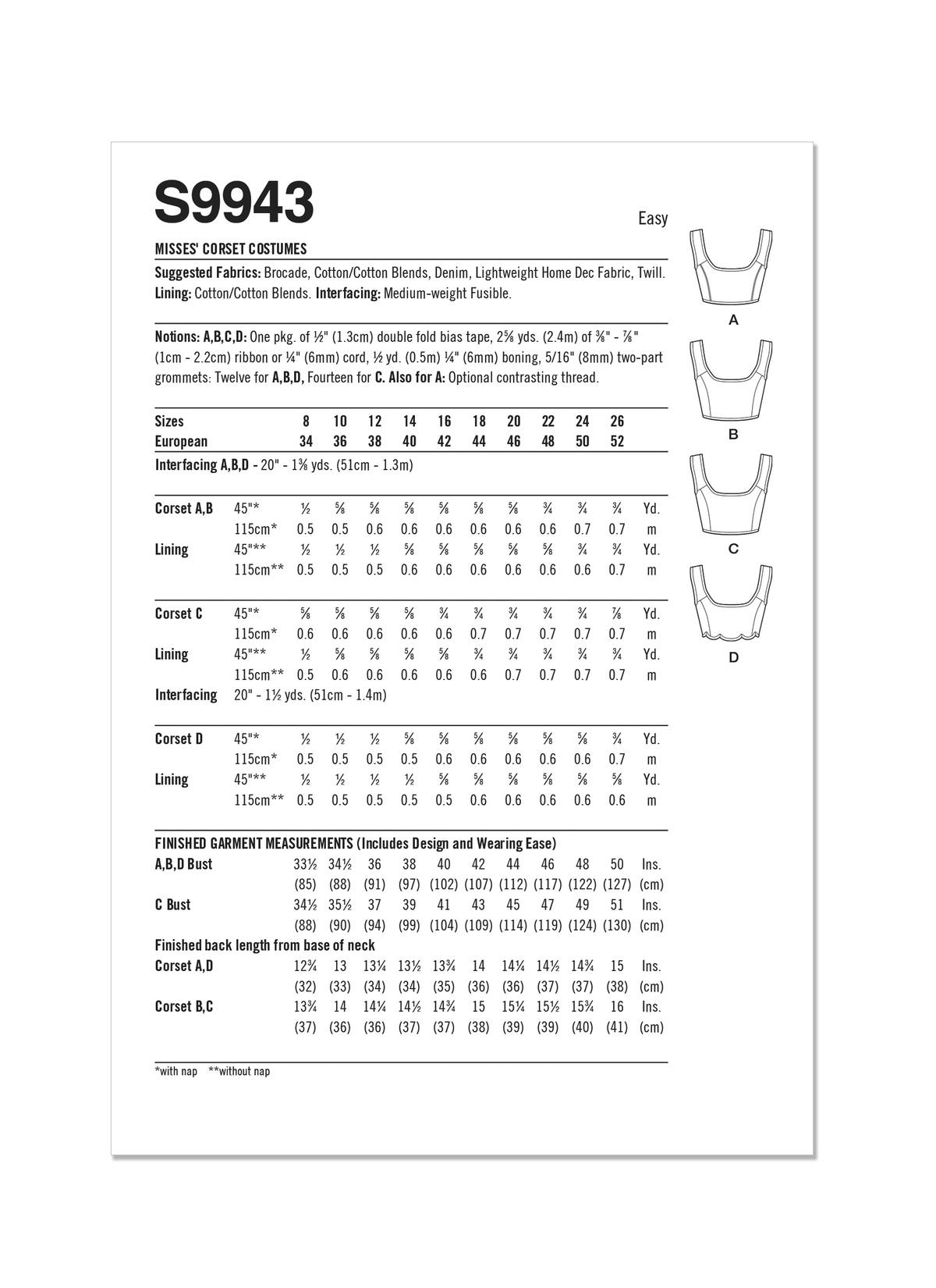 Simplicity S9943 sewing pattern envelope showing lace-up corset tops