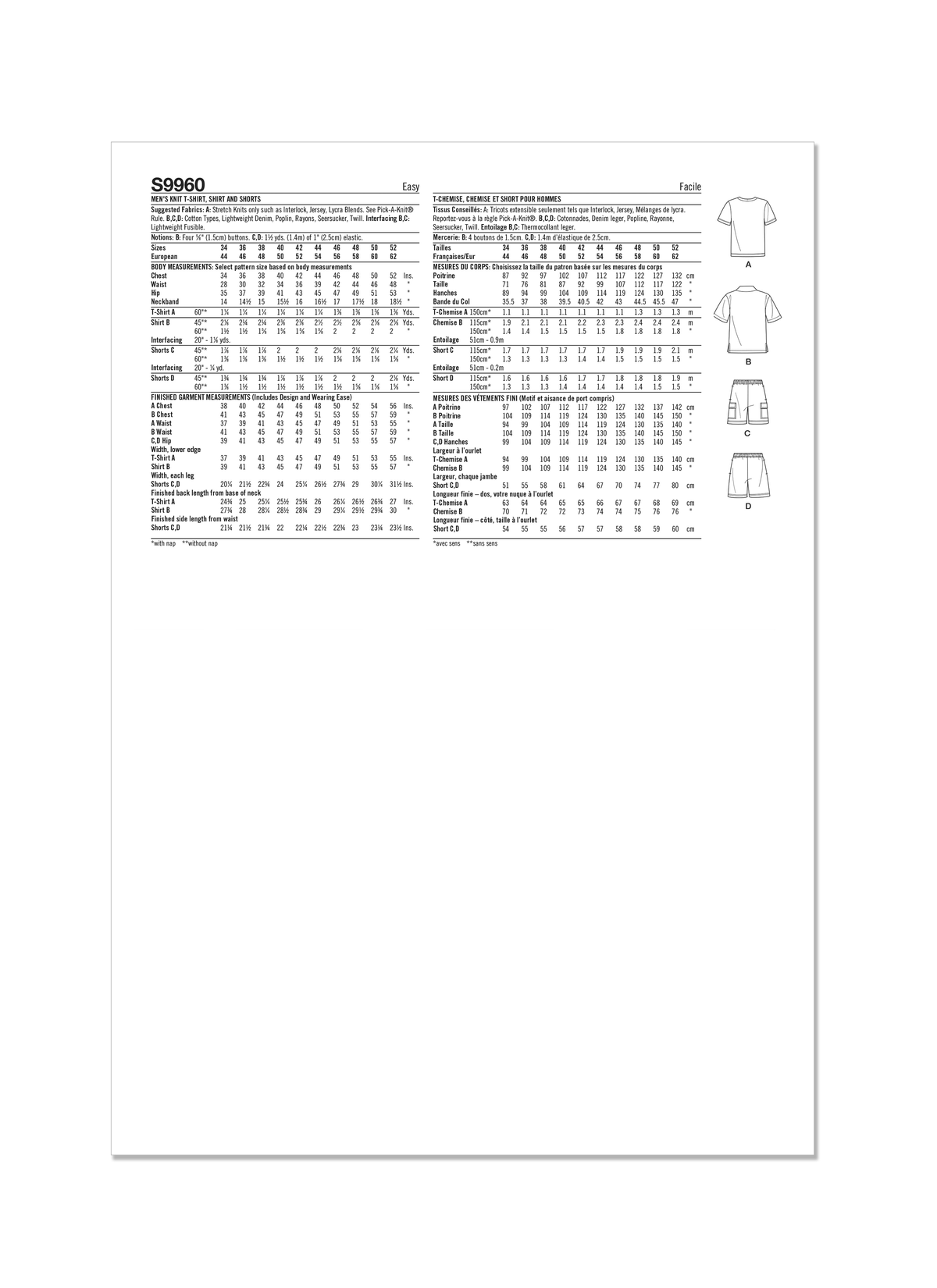 Simplicity S9960 sewing pattern envelope showing T-shirt, shirt and shorts