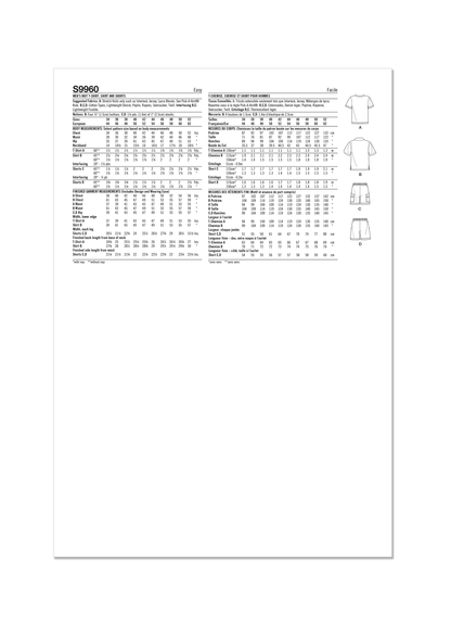 Simplicity S9960 sewing pattern envelope showing T-shirt, shirt and shorts