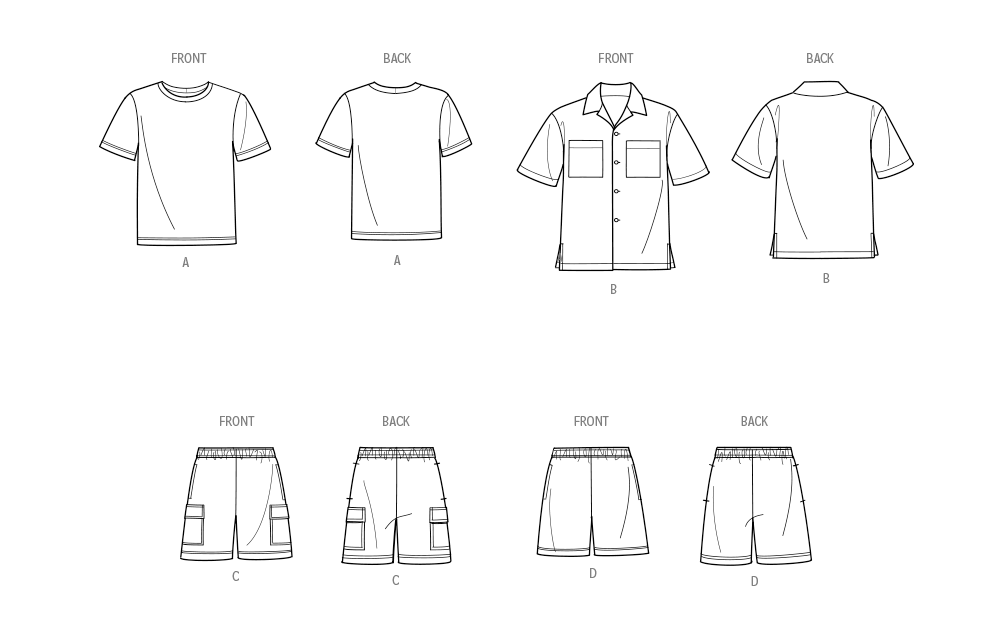 Simplicity S9960 sewing pattern envelope showing T-shirt, shirt and shorts