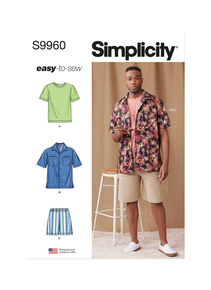 Simplicity S9960 sewing pattern envelope showing T-shirt, shirt and shorts