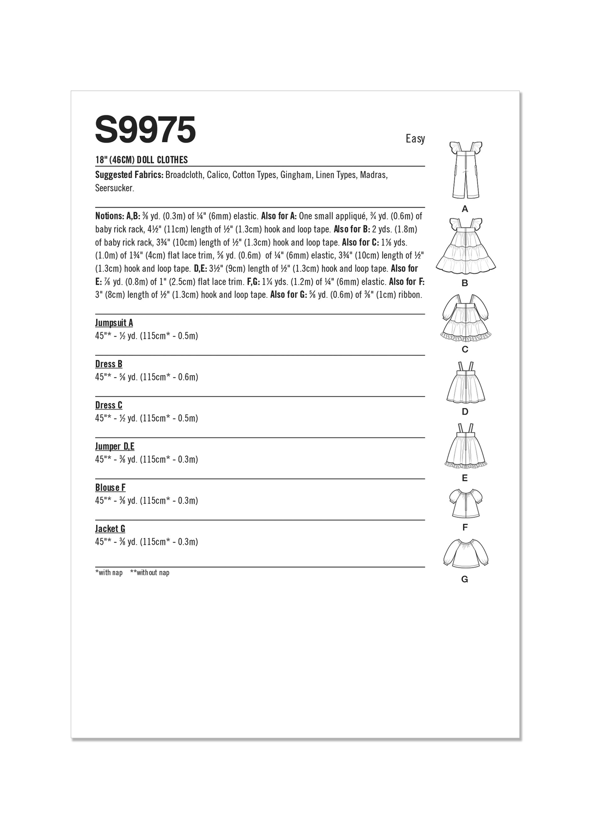Simplicity S9975 sewing pattern envelope showing doll clothes