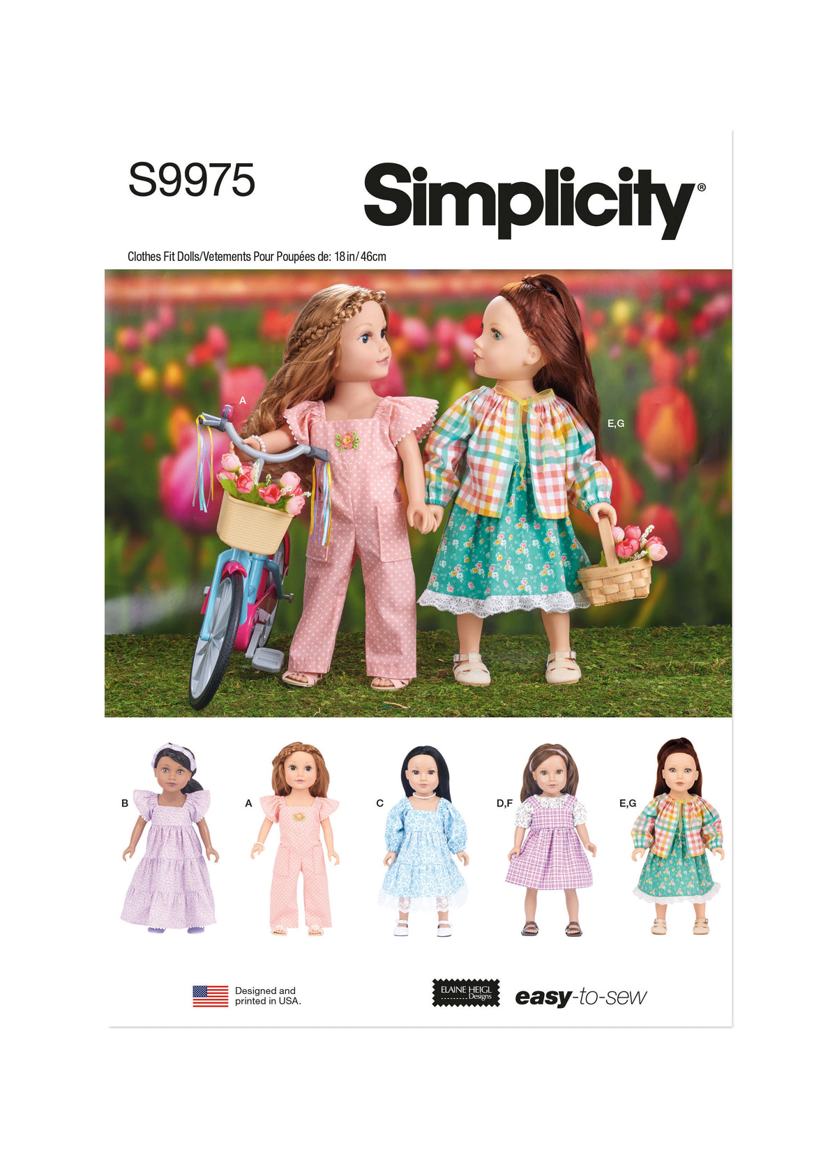 Simplicity S9975 sewing pattern envelope showing doll clothes