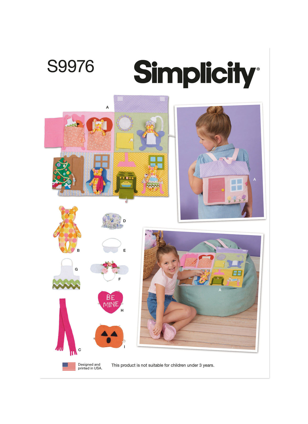 Simplicity S9976 sewing pattern envelope showing stuffed toys