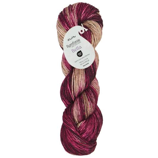 Skein of Symfonie Bella variegated merino yarn in Cafe Rose