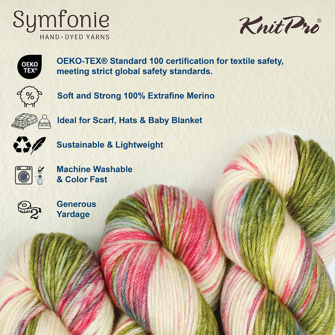 Hand-dyed skein of Symfonie Bella yarn in Summer Romance