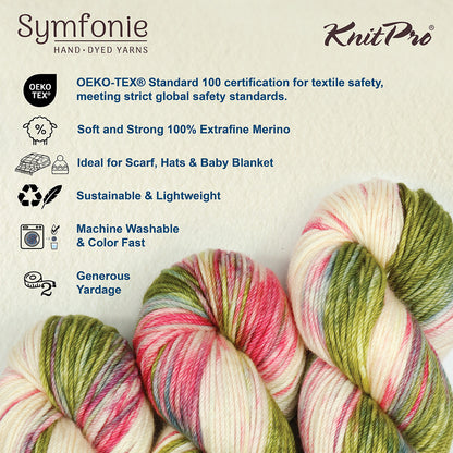 Hand-dyed skein of Symfonie Bella yarn in Summer Romance
