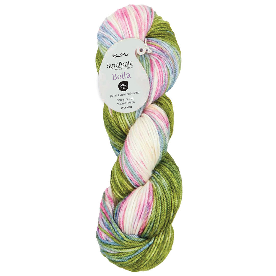 Hand-dyed skein of Symfonie Bella yarn in Summer Romance