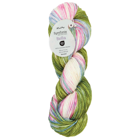 Hand-dyed skein of Symfonie Bella yarn in Summer Romance