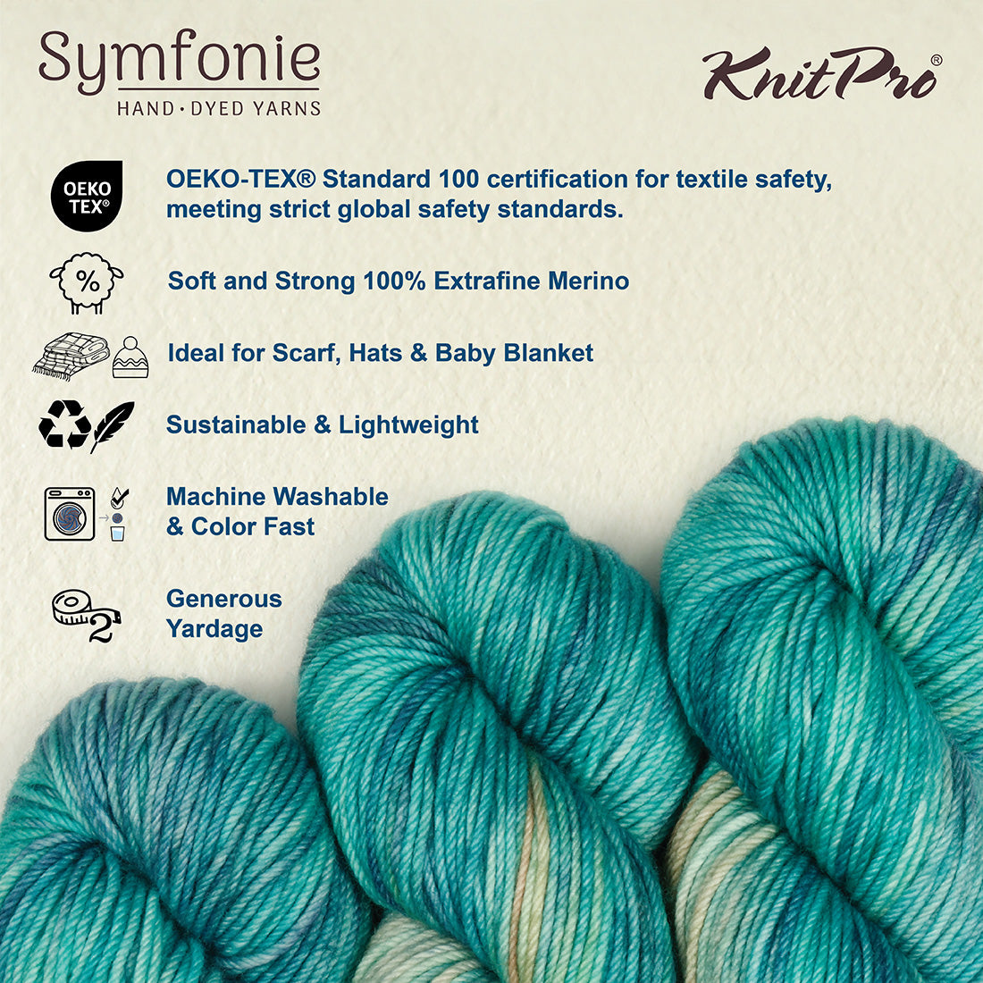 Hand-dyed skein of Symfonie Bella yarn in Sandy Sea