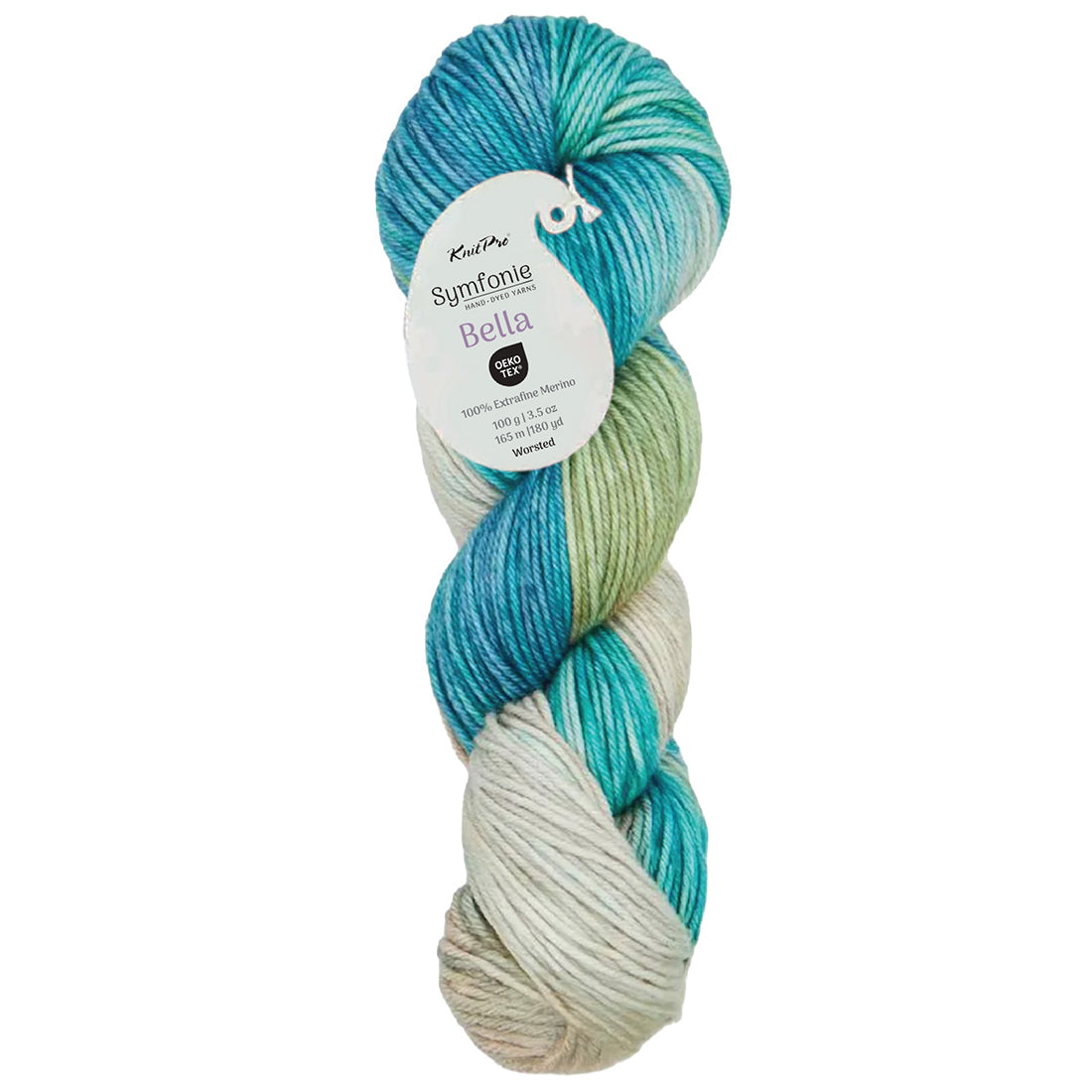 Hand-dyed skein of Symfonie Bella yarn in Sandy Sea