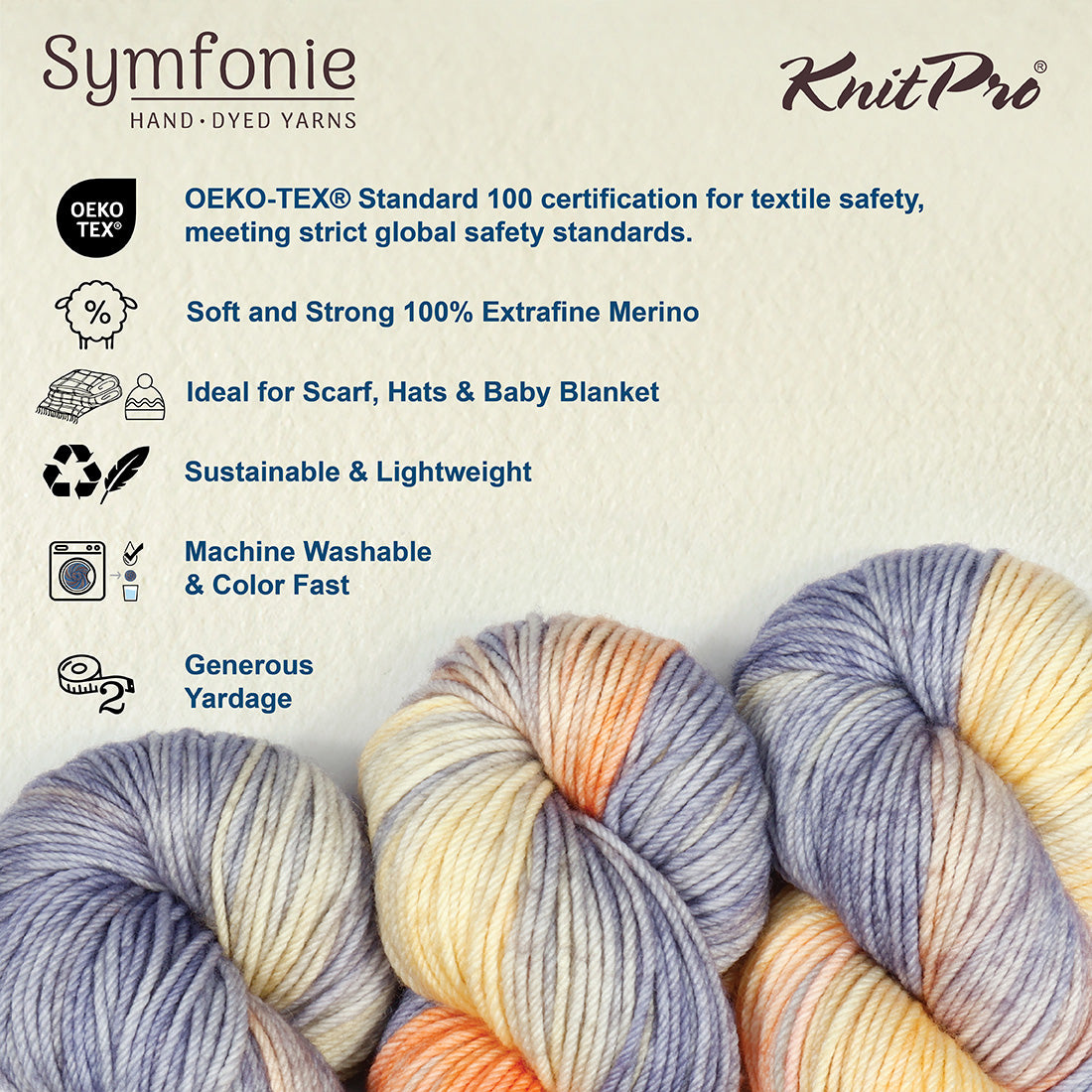 Skein of Symfonie Bella variegated merino yarn in Beach House