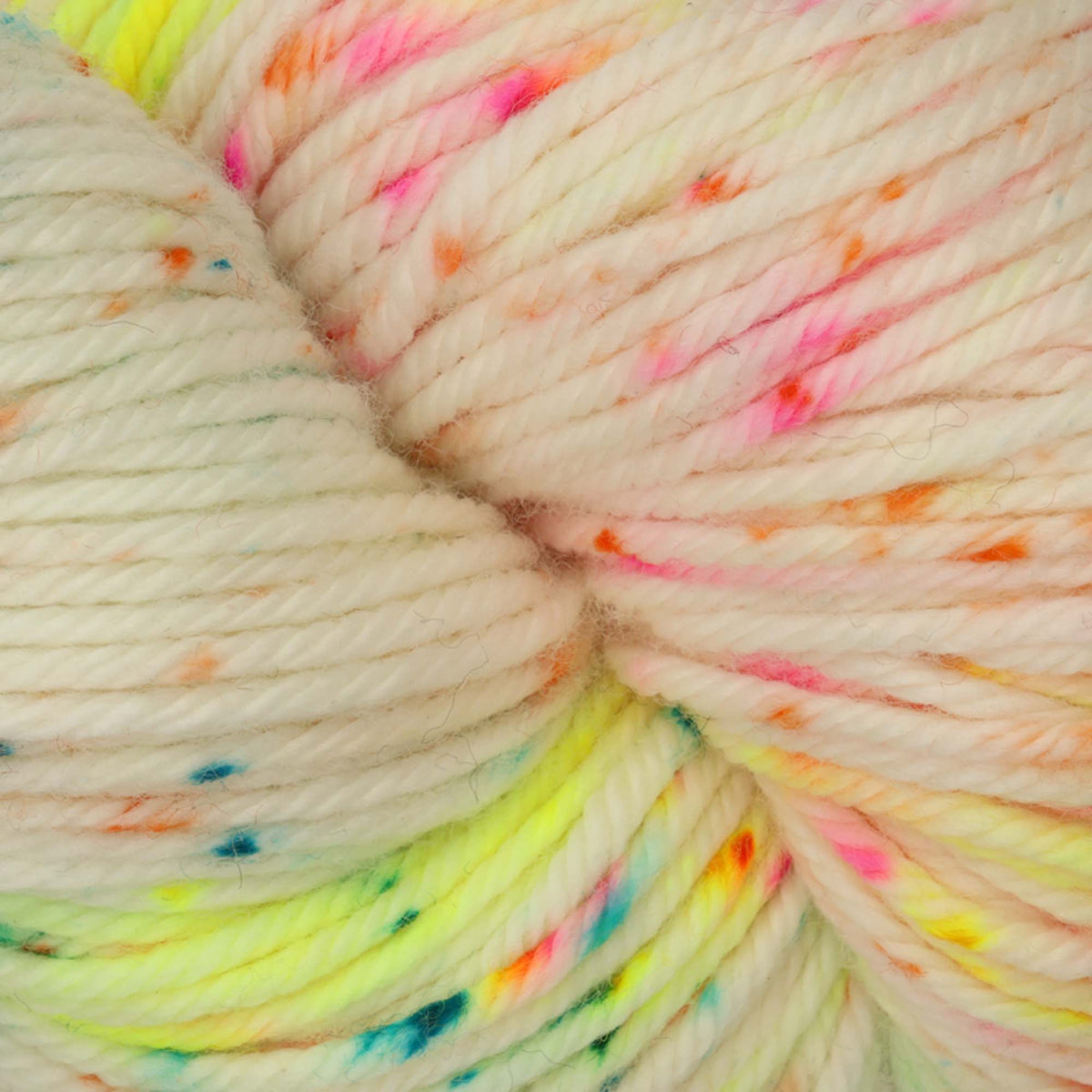 Hand-dyed skein of Symfonie Bella yarn in Neon Confetti