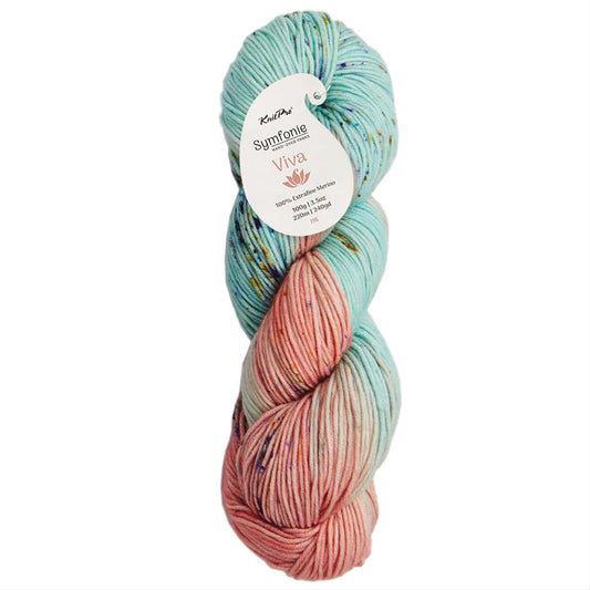 Skein of Symfonie Viva DK merino yarn in Bonnie Blooms