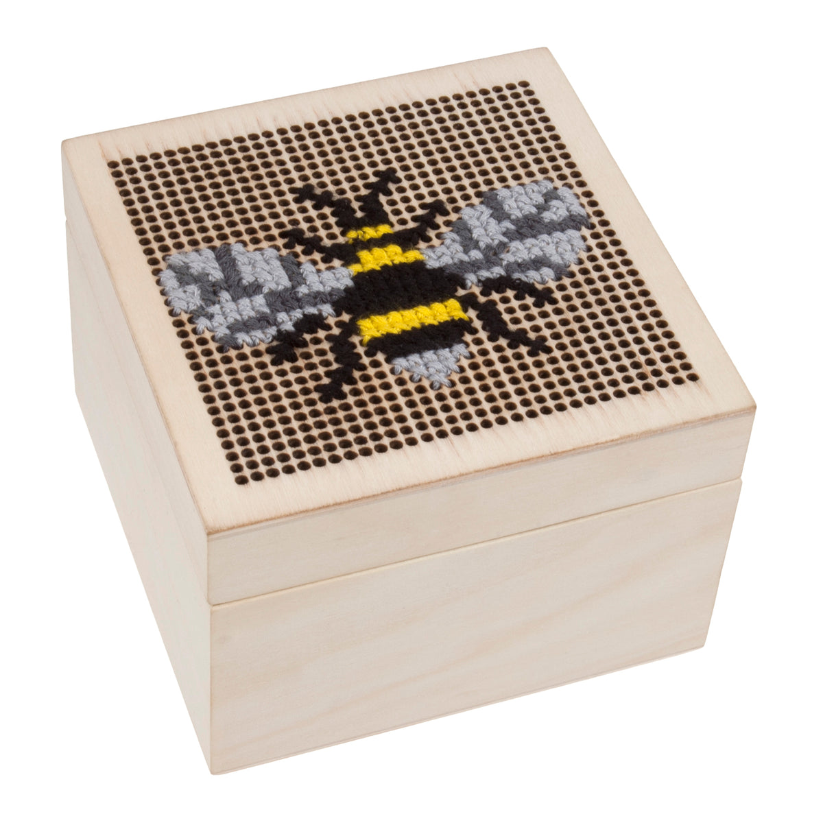 Small square wooden trinket box with stitching lid