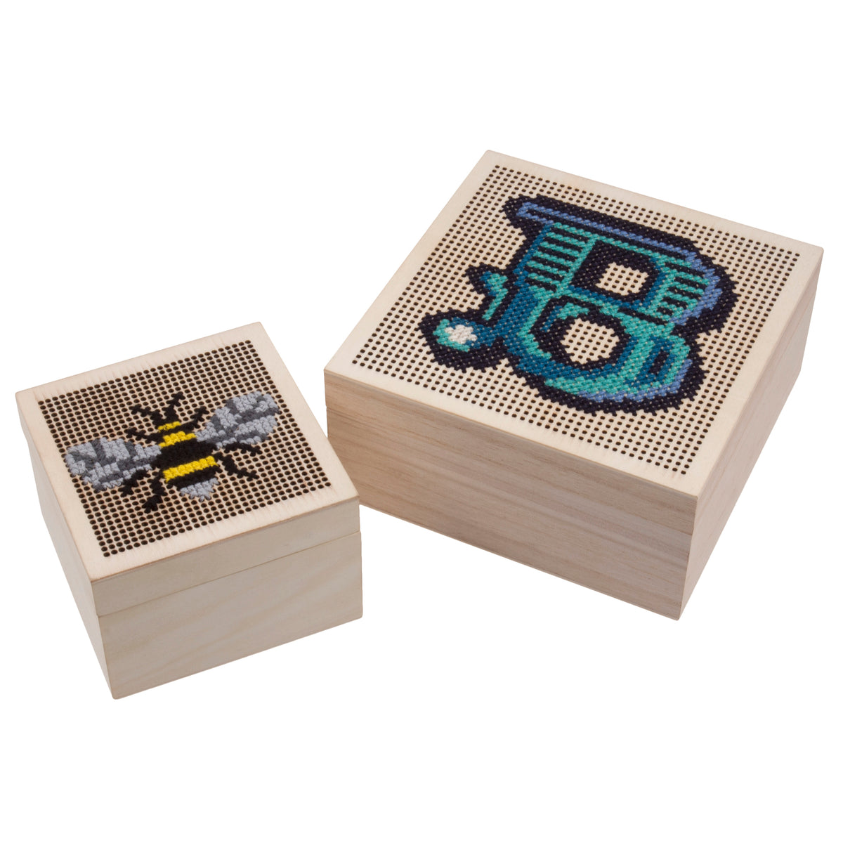 Small square wooden trinket box with stitching lid