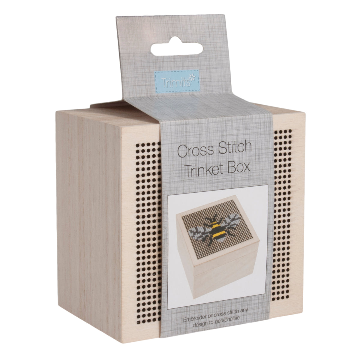 Small square wooden trinket box with stitching lid