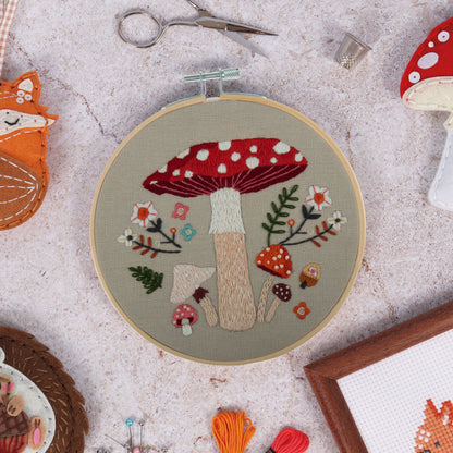 Embroidery hoop kit showing a stitched toadstool design