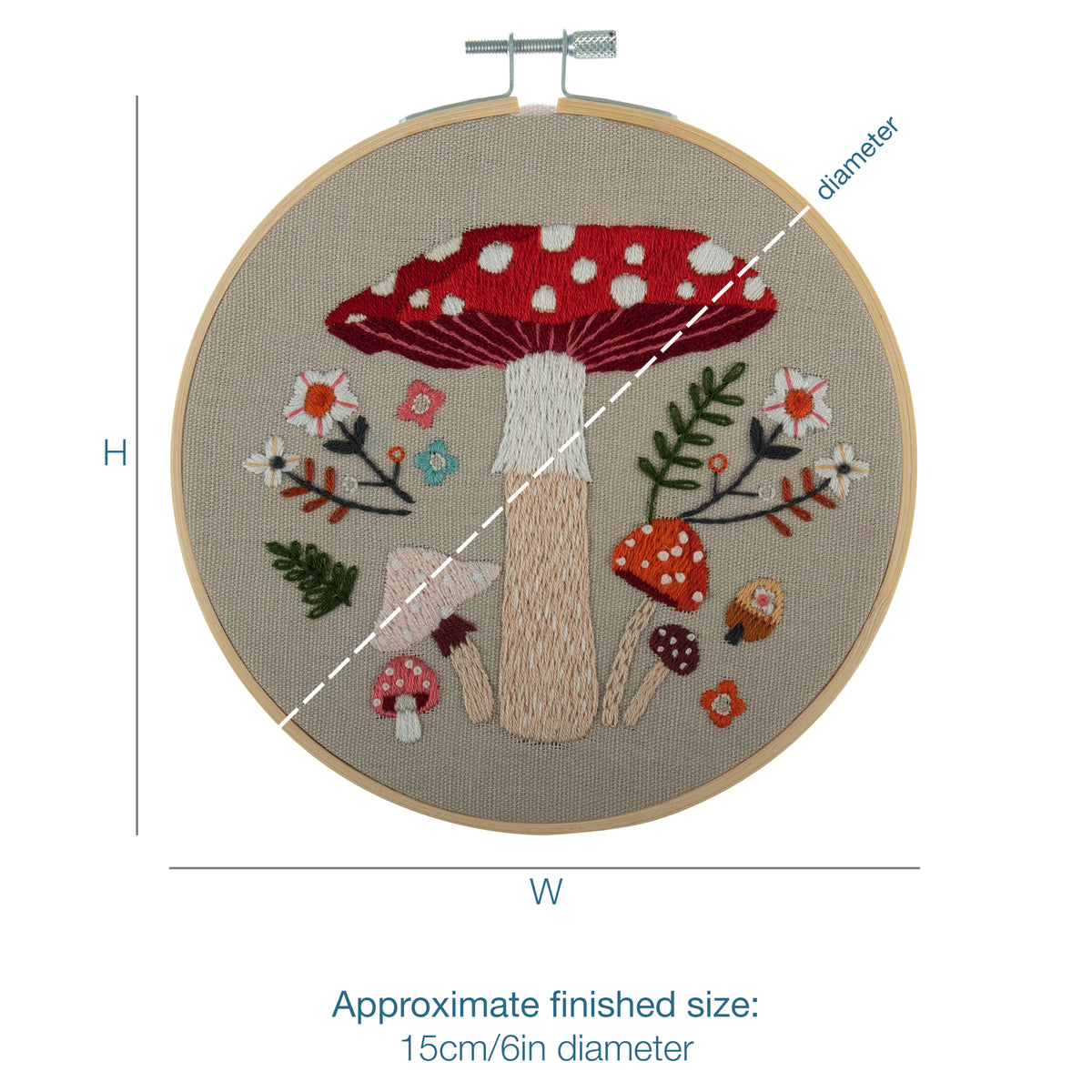 Embroidery hoop kit showing a stitched toadstool design