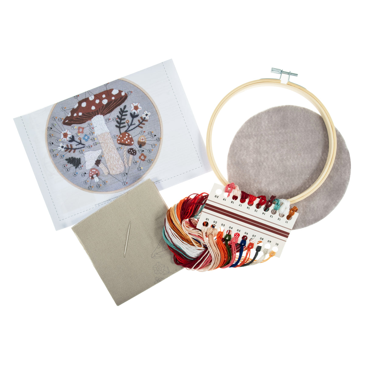 Embroidery hoop kit showing a stitched toadstool design