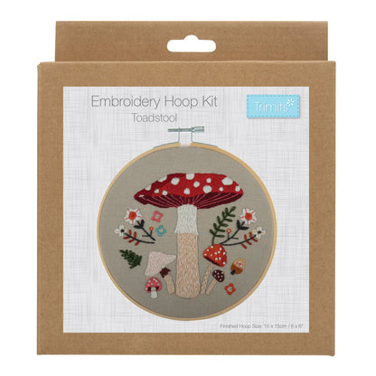 Embroidery hoop kit showing a stitched toadstool design