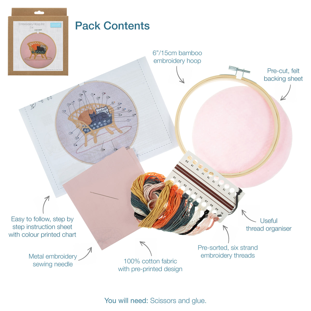 Embroidery hoop kit showing a stitched cat on wicker chair design