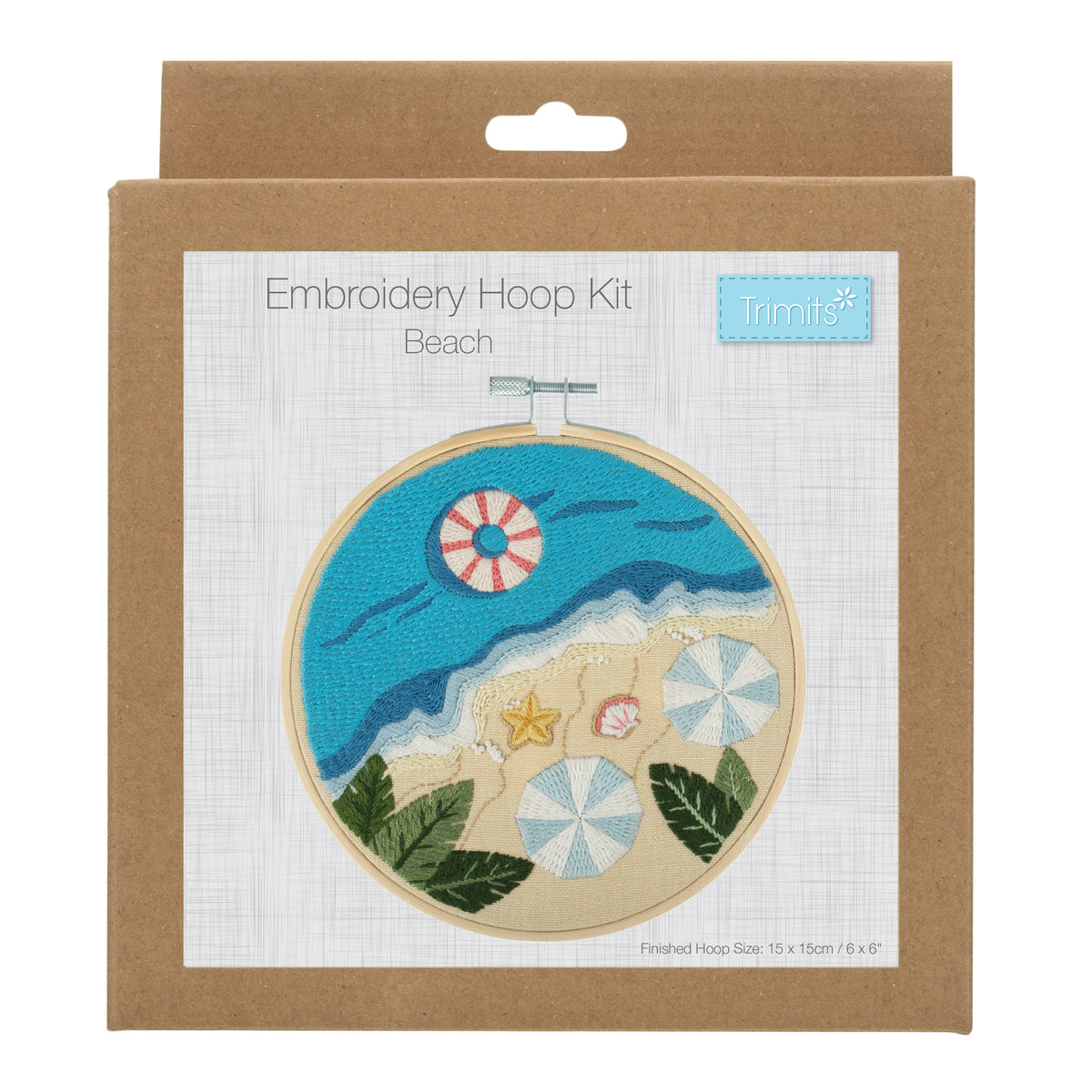 Embroidery hoop kit showing a stitched beach design