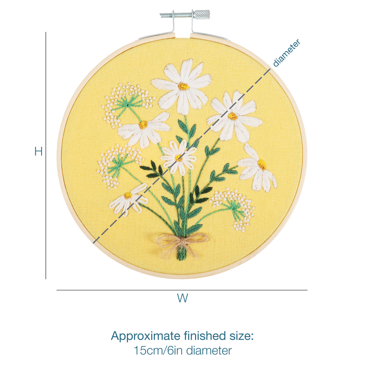 Embroidery hoop kit showing a stitched daisies design