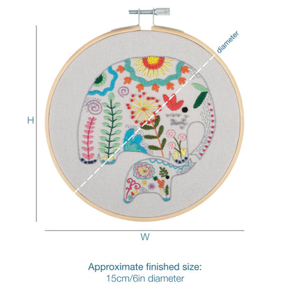 Embroidery hoop kit showing a stitched elephants design