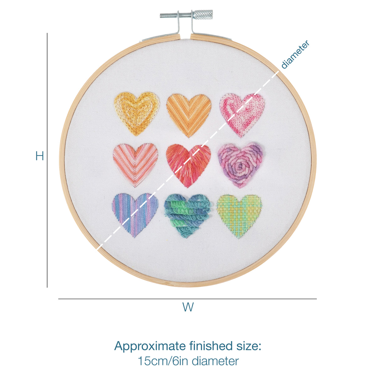 Embroidery hoop kit showing a stitched ombre hearts design