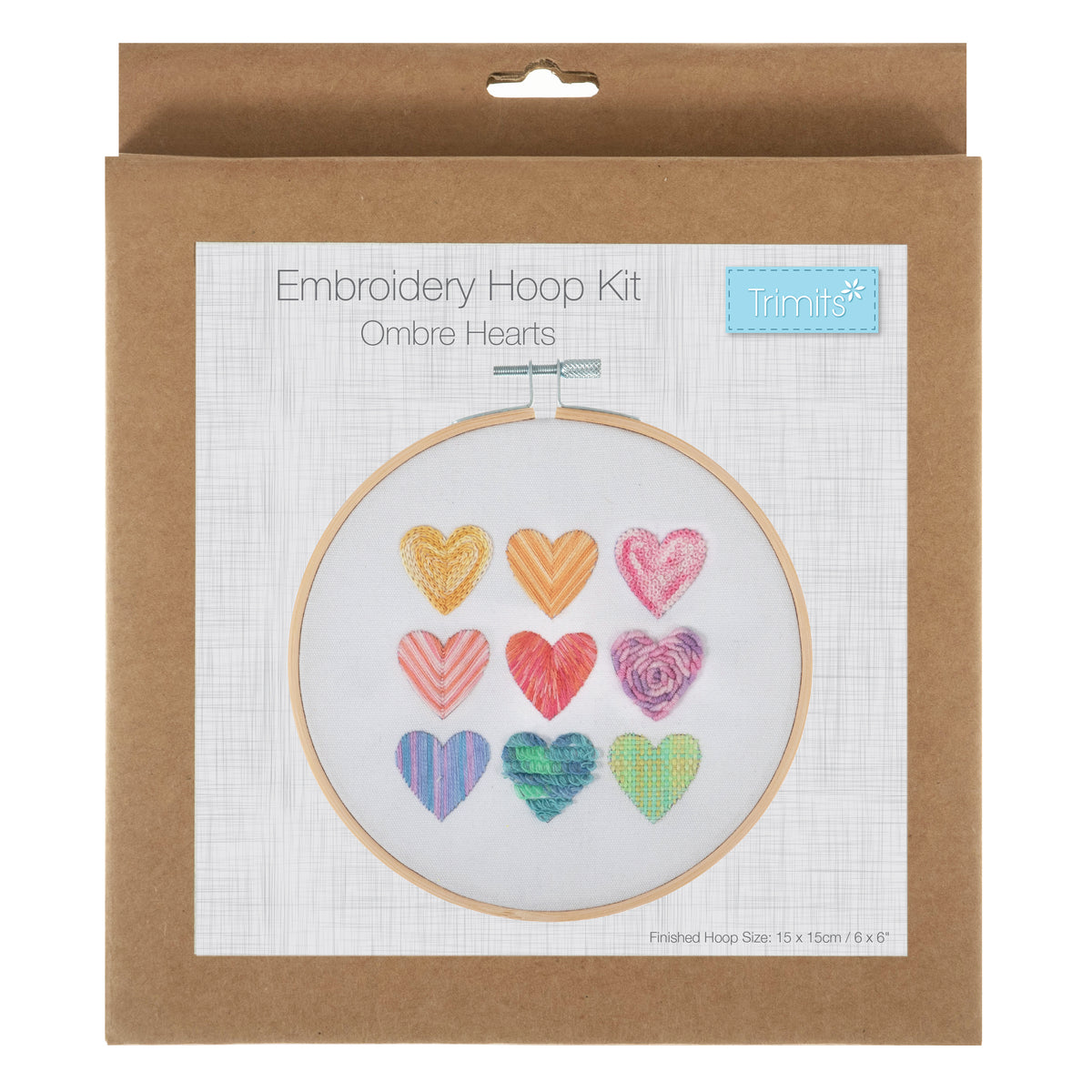 Embroidery hoop kit showing a stitched ombre hearts design