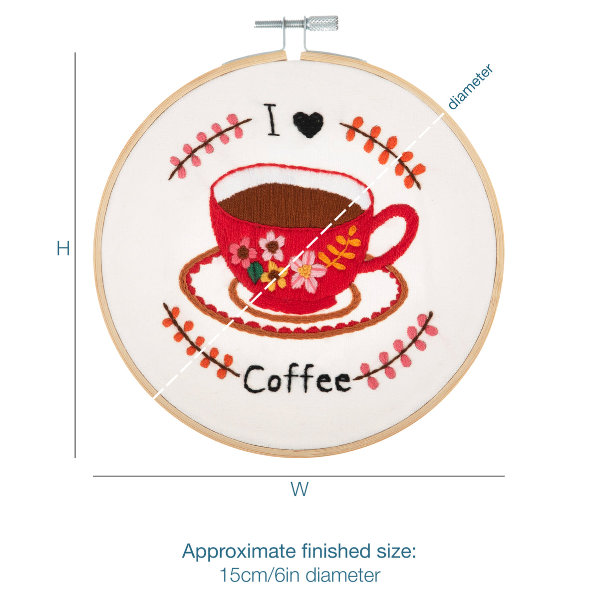 Embroidery hoop kit showing a stitched i love coffee design
