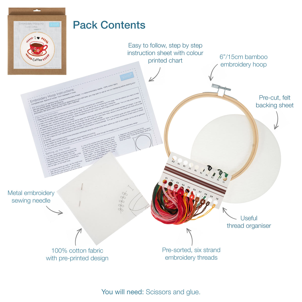 Embroidery hoop kit showing a stitched i love coffee design