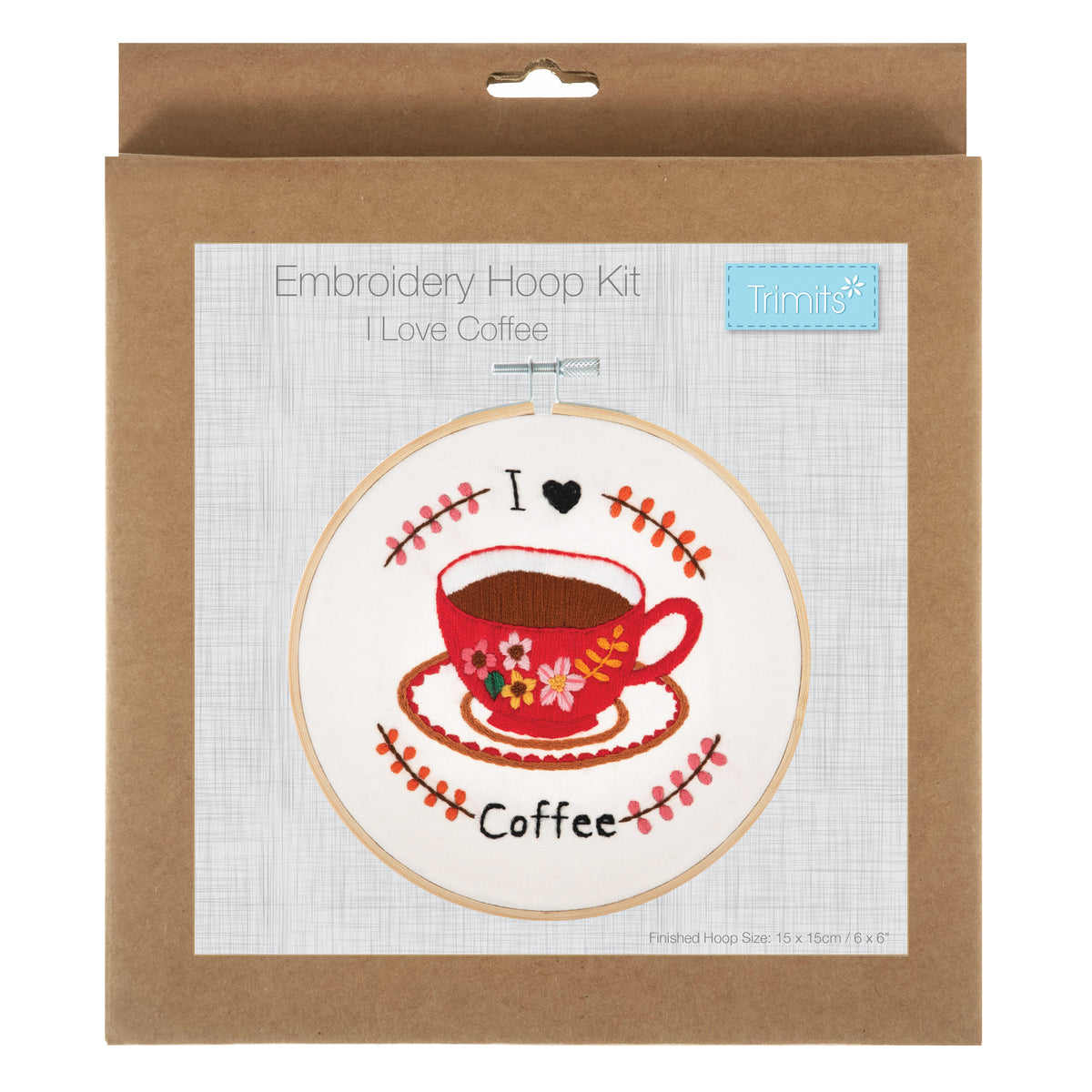 Embroidery hoop kit showing a stitched i love coffee design